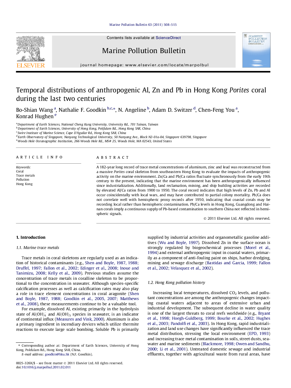 Temporal distributions of anthropogenic Al, Zn and Pb in Hong Kong Porites coral during the last two centuries