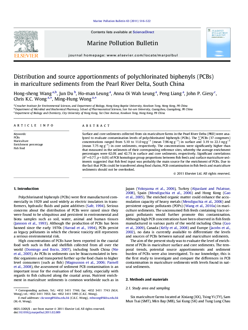 Distribution and source apportionments of polychlorinated biphenyls (PCBs) in mariculture sediments from the Pearl River Delta, South China