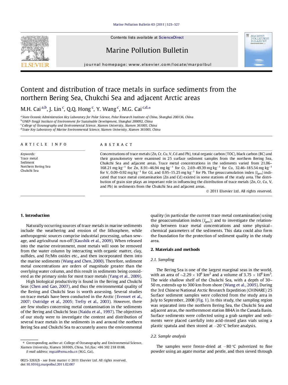 Content and distribution of trace metals in surface sediments from the northern Bering Sea, Chukchi Sea and adjacent Arctic areas