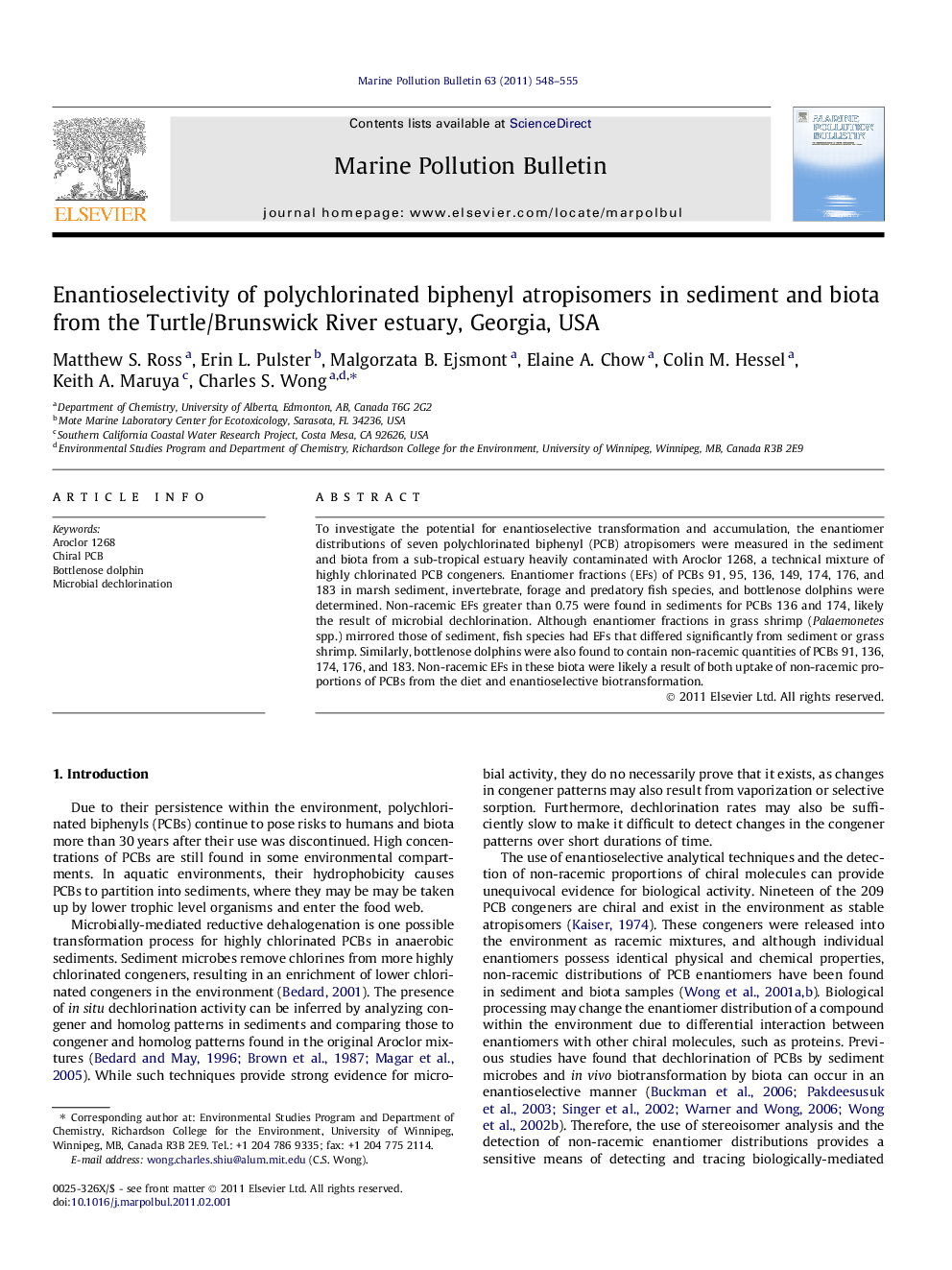 Enantioselectivity of polychlorinated biphenyl atropisomers in sediment and biota from the Turtle/Brunswick River estuary, Georgia, USA