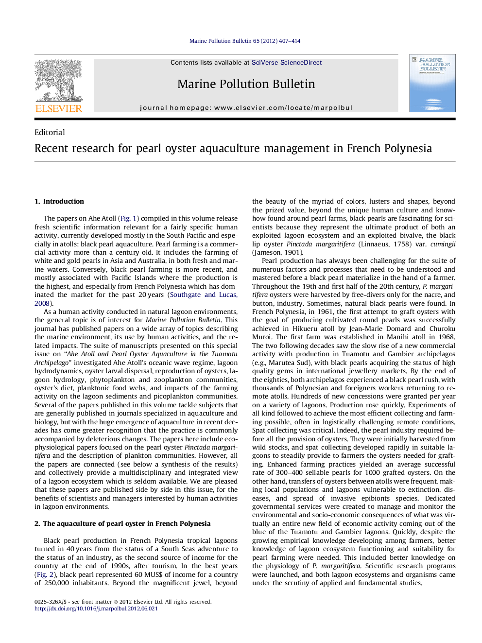 Recent research for pearl oyster aquaculture management in French Polynesia