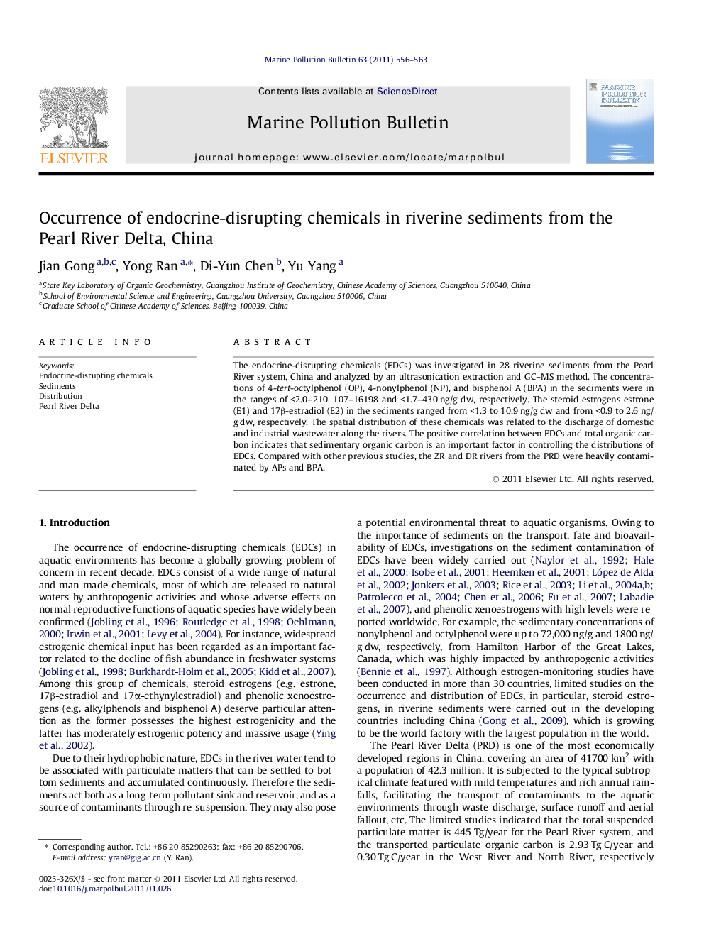 Occurrence of endocrine-disrupting chemicals in riverine sediments from the Pearl River Delta, China