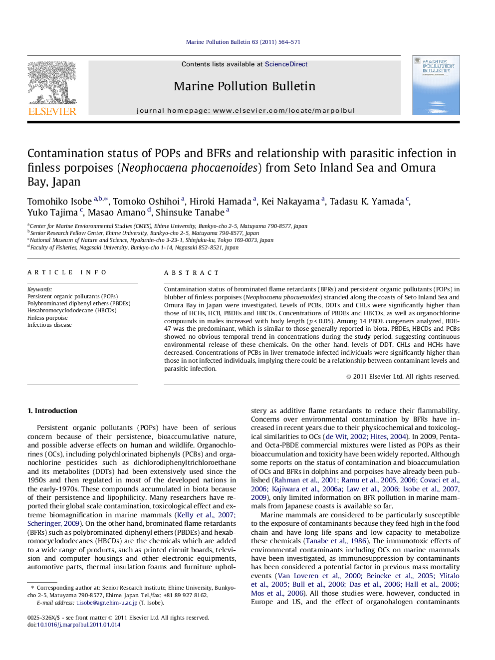 Contamination status of POPs and BFRs and relationship with parasitic infection in finless porpoises (Neophocaena phocaenoides) from Seto Inland Sea and Omura Bay, Japan