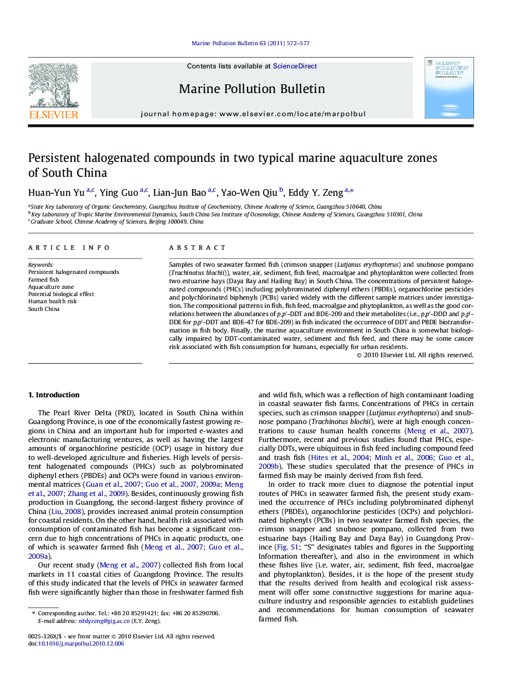 Persistent halogenated compounds in two typical marine aquaculture zones of South China