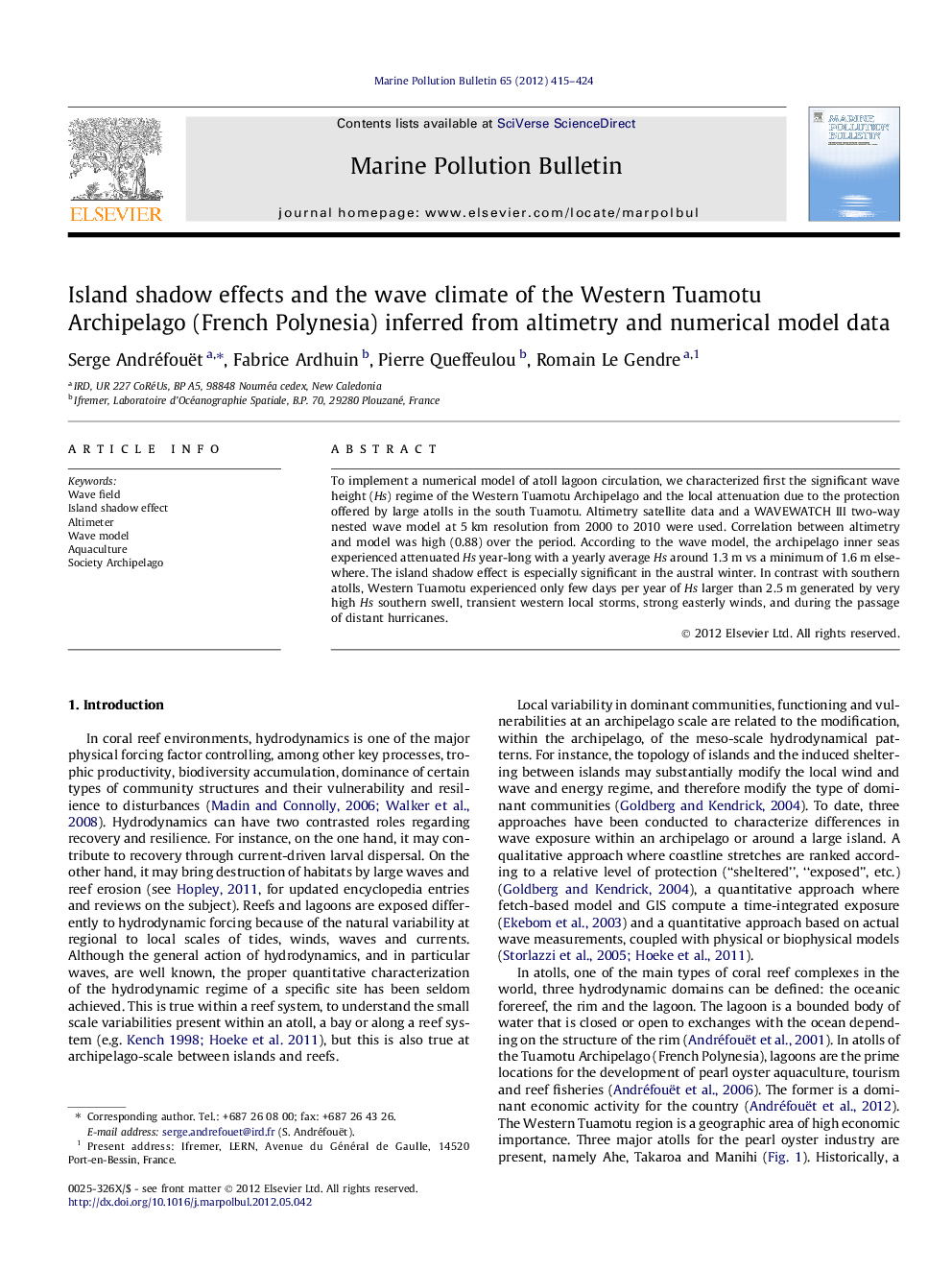 Island shadow effects and the wave climate of the Western Tuamotu Archipelago (French Polynesia) inferred from altimetry and numerical model data