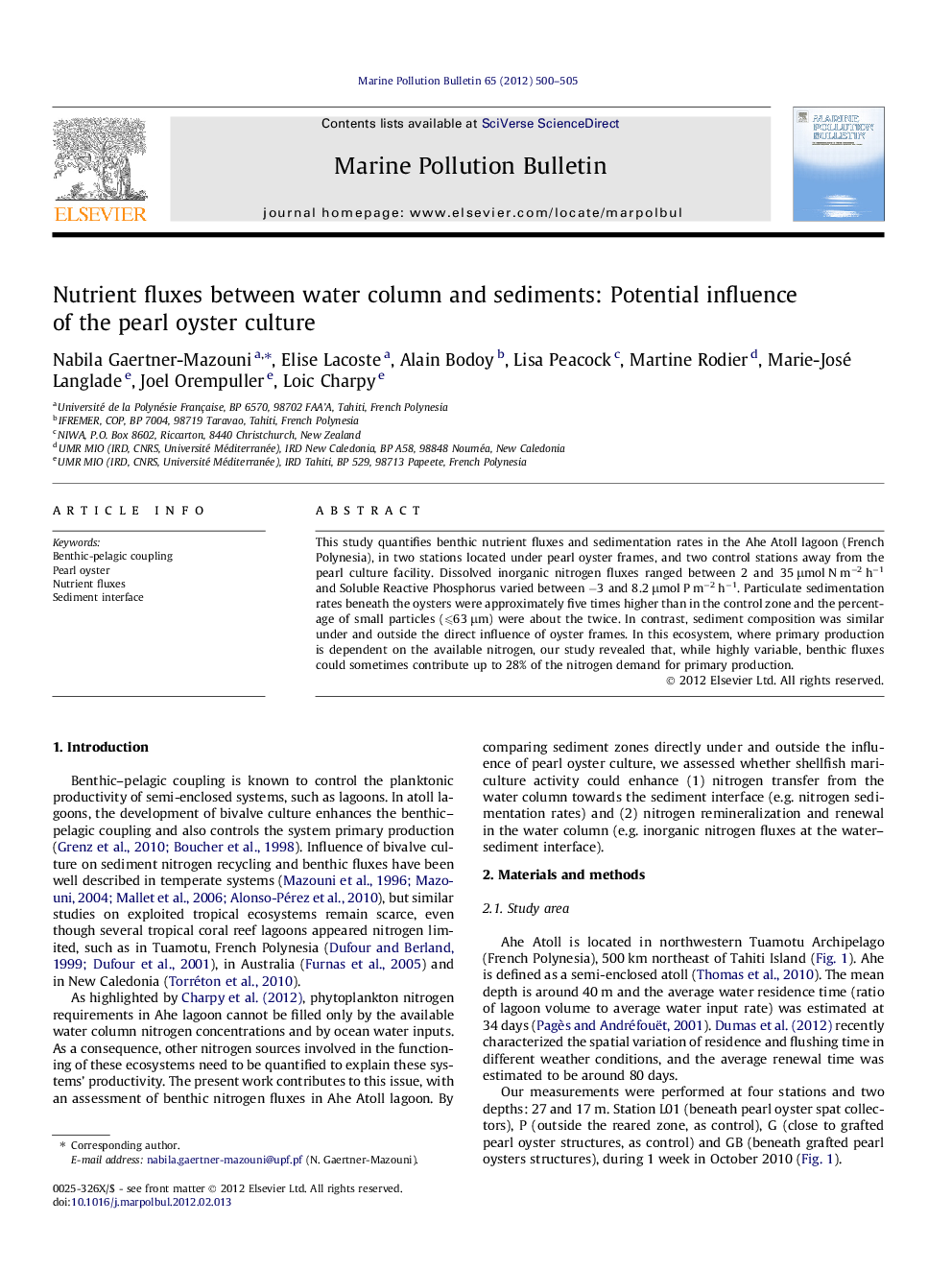 عکس صفحه اول مقاله: Nutrient fluxes between water column and sediments: Potential influence of the pearl oyster culture Nutrient fluxes between water column and sediments: Potential influence of the pearl oyster culture