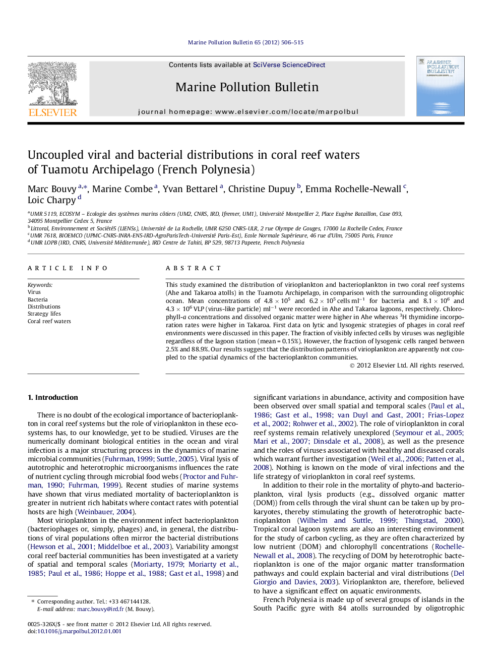 Uncoupled viral and bacterial distributions in coral reef waters of Tuamotu Archipelago (French Polynesia)