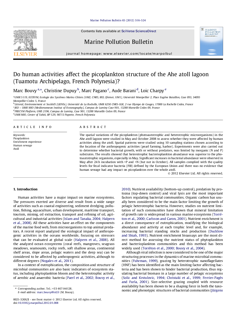 Do human activities affect the picoplankton structure of the Ahe atoll lagoon (Tuamotu Archipelago, French Polynesia)?