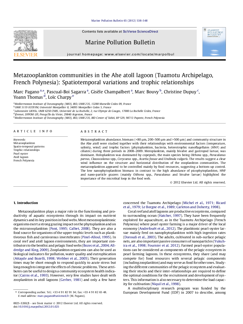 Metazooplankton communities in the Ahe atoll lagoon (Tuamotu Archipelago, French Polynesia): Spatiotemporal variations and trophic relationships