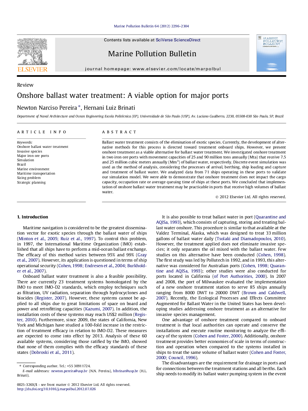 Onshore ballast water treatment: A viable option for major ports