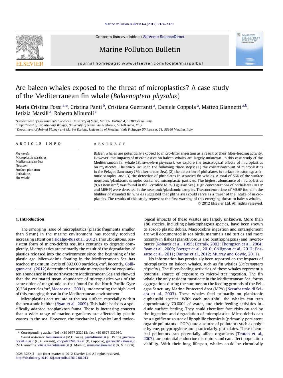 Are baleen whales exposed to the threat of microplastics? A case study of the Mediterranean fin whale (Balaenoptera physalus)