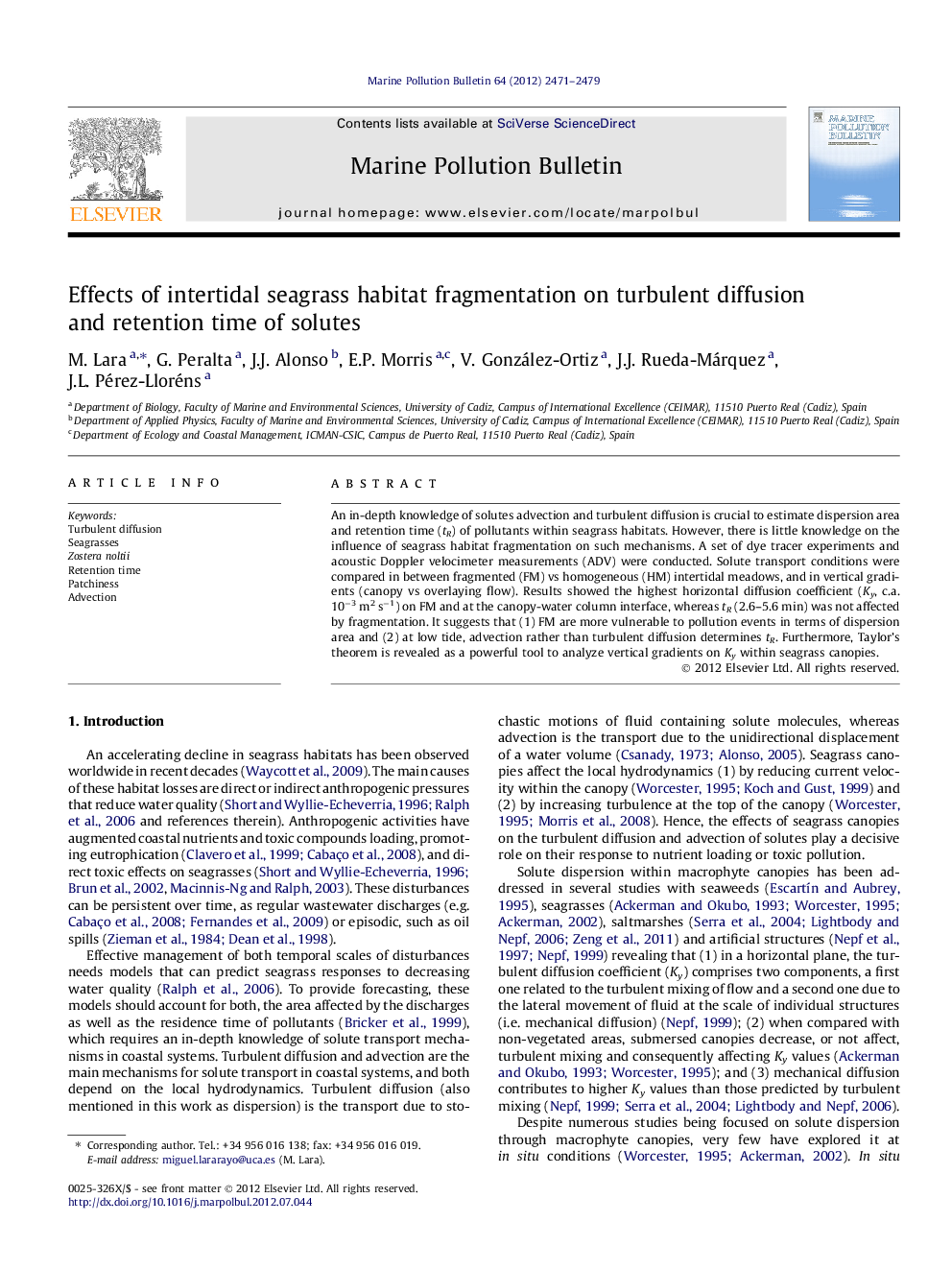 Effects of intertidal seagrass habitat fragmentation on turbulent diffusion and retention time of solutes