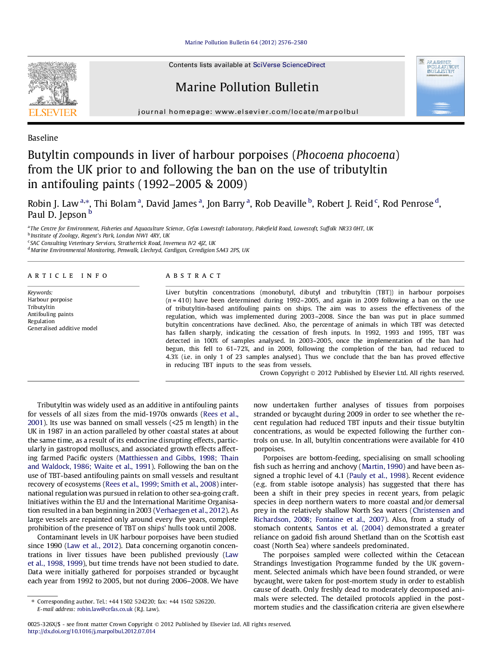 Butyltin compounds in liver of harbour porpoises (Phocoena phocoena) from the UK prior to and following the ban on the use of tributyltin in antifouling paints (1992-2005 & 2009)