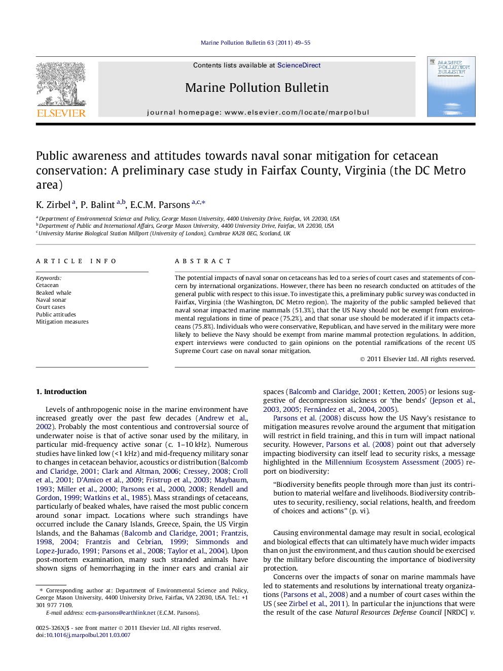 Public awareness and attitudes towards naval sonar mitigation for cetacean conservation: A preliminary case study in Fairfax County, Virginia (the DC Metro area)