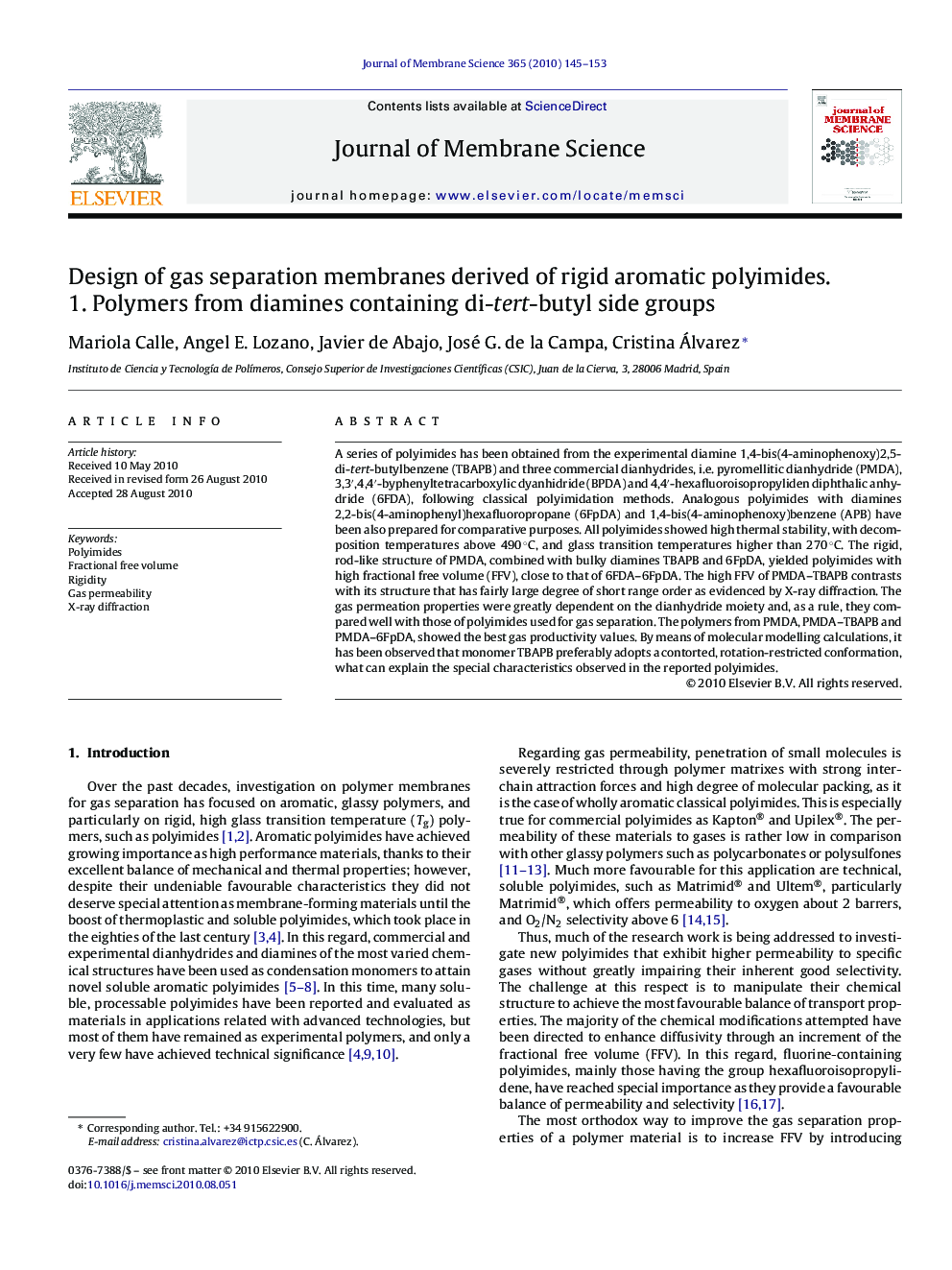 Design of gas separation membranes derived of rigid aromatic polyimides. 1. Polymers from diamines containing di-tert-butyl side groups