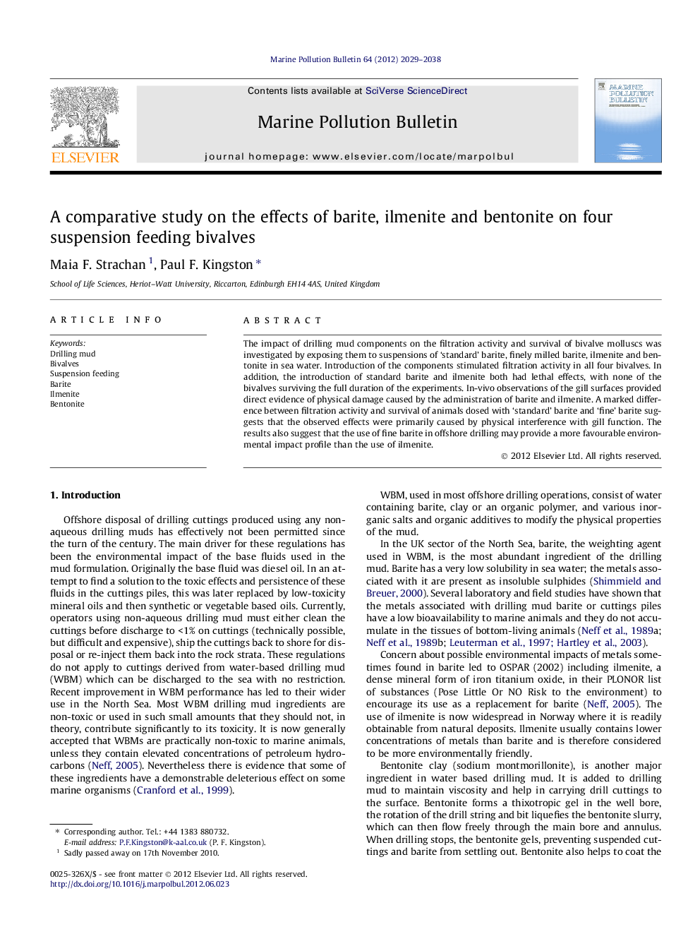 A comparative study on the effects of barite, ilmenite and bentonite on four suspension feeding bivalves