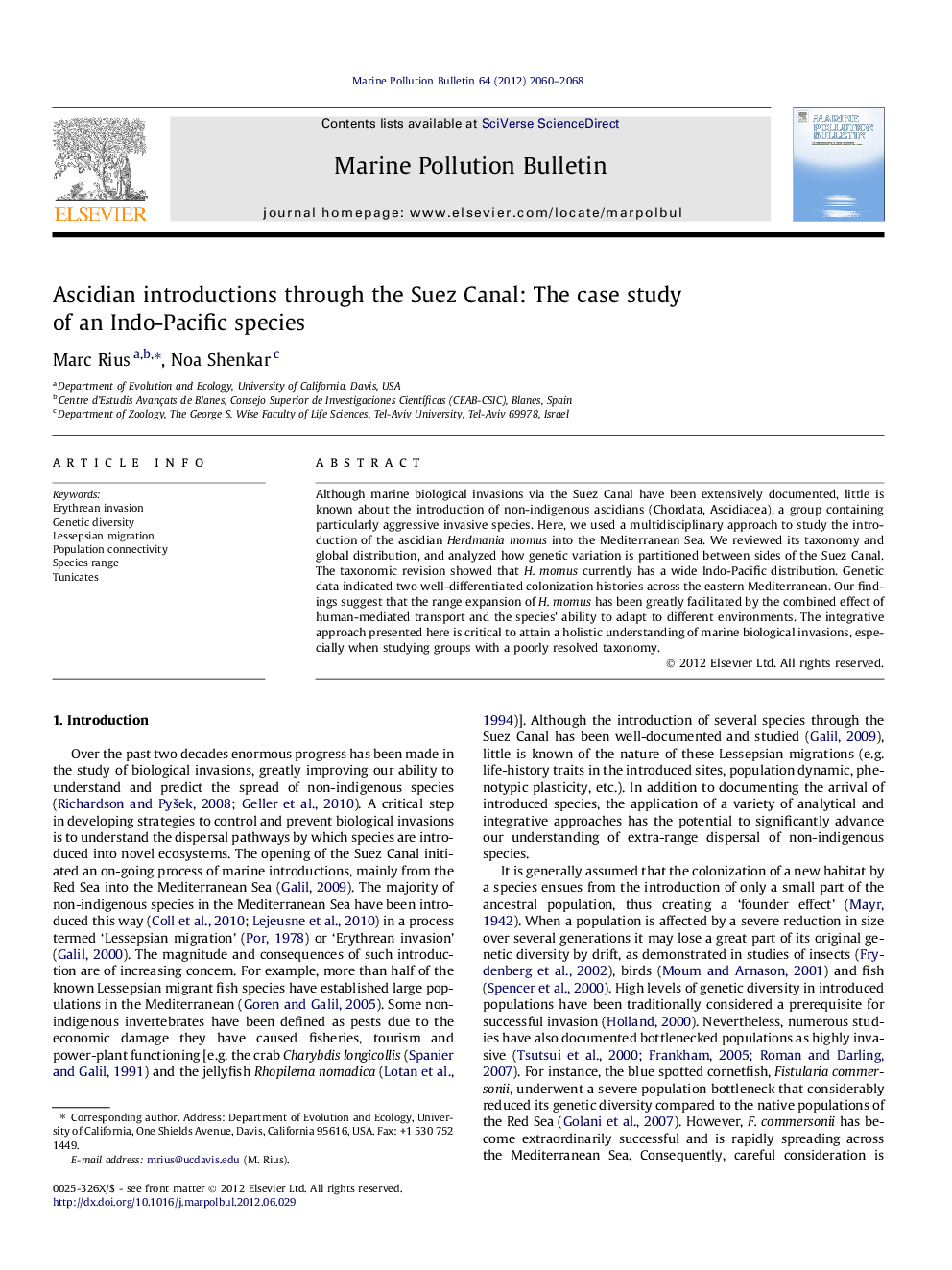 Ascidian introductions through the Suez Canal: The case study of an Indo-Pacific species