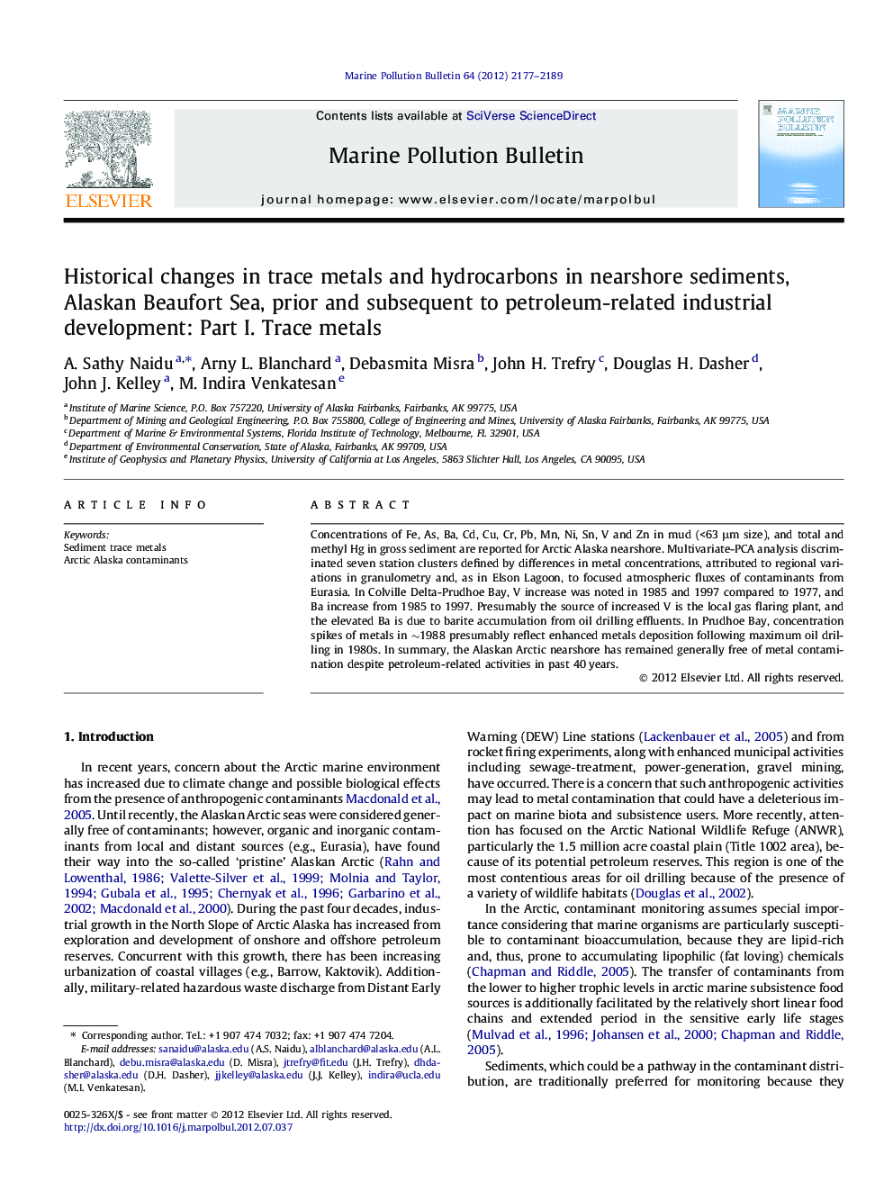 Historical changes in trace metals and hydrocarbons in nearshore sediments, Alaskan Beaufort Sea, prior and subsequent to petroleum-related industrial development: Part I. Trace metals