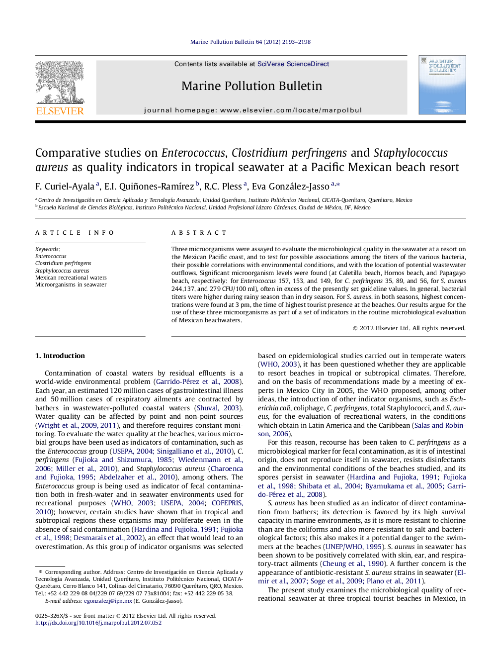 Comparative studies on Enterococcus, Clostridium perfringens and Staphylococcus aureus as quality indicators in tropical seawater at a Pacific Mexican beach resort