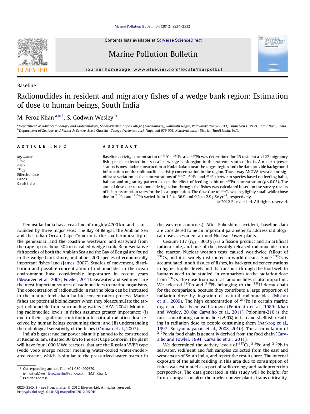 Radionuclides in resident and migratory fishes of a wedge bank region: Estimation of dose to human beings, South India