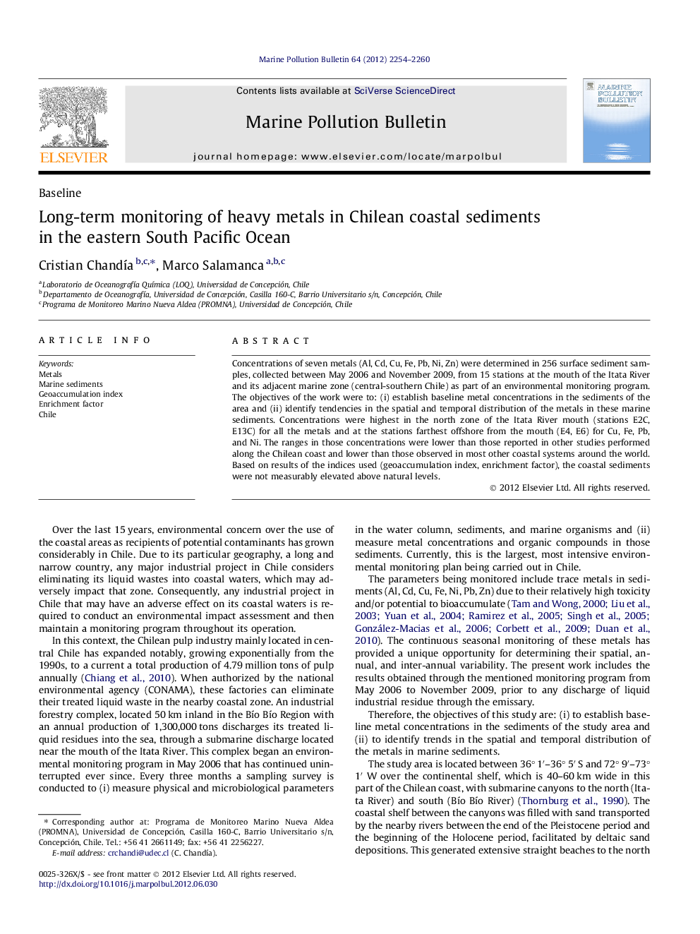 Long-term monitoring of heavy metals in Chilean coastal sediments in the eastern South Pacific Ocean