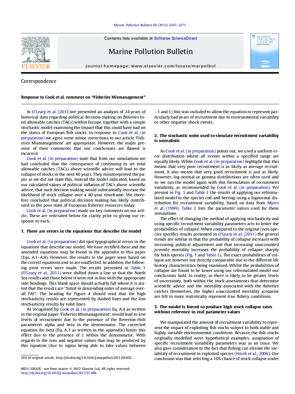Response to Cook et al. comment on “Fisheries Mismanagement”