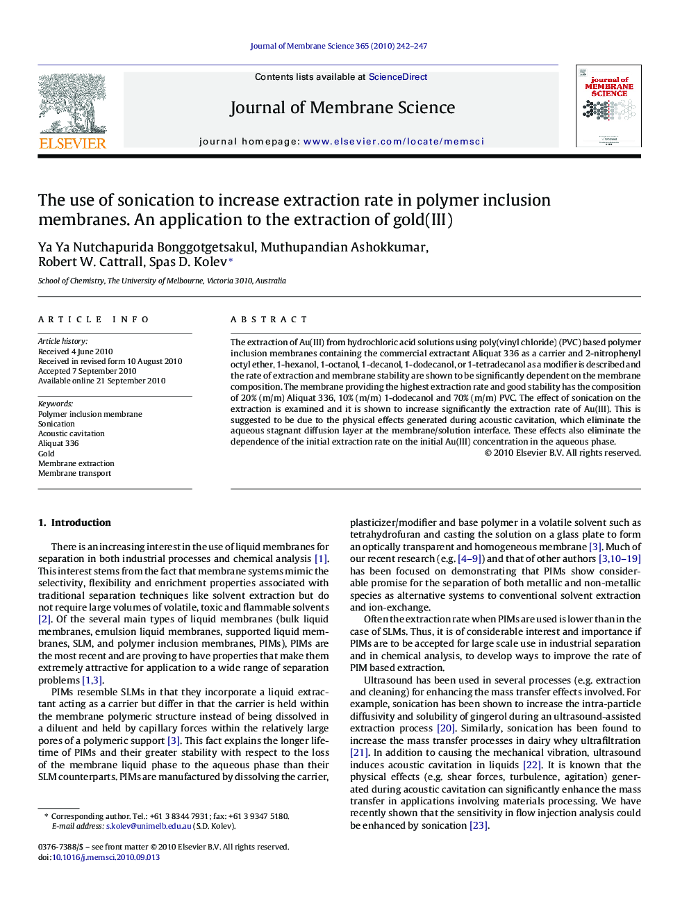 The use of sonication to increase extraction rate in polymer inclusion membranes. An application to the extraction of gold(III)