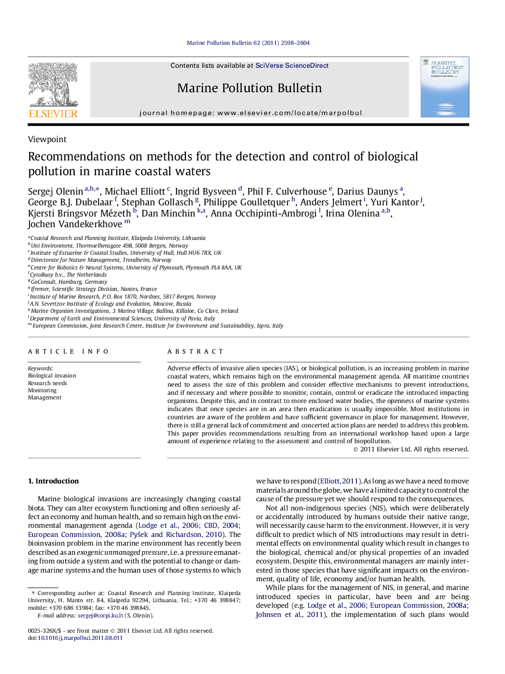 Recommendations on methods for the detection and control of biological pollution in marine coastal waters