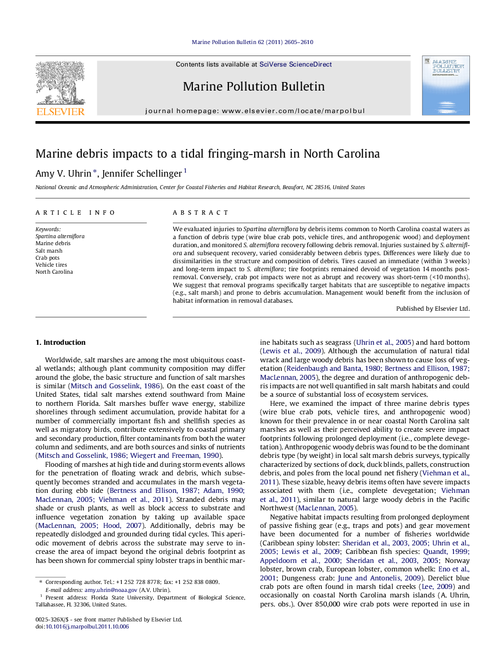 Marine debris impacts to a tidal fringing-marsh in North Carolina