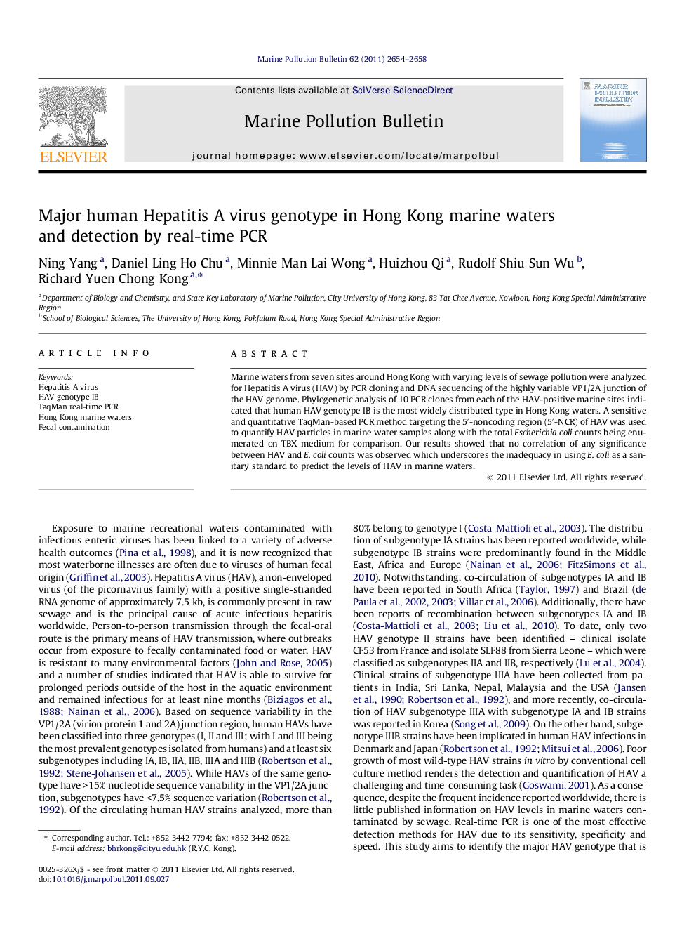 Major human Hepatitis A virus genotype in Hong Kong marine waters and detection by real-time PCR