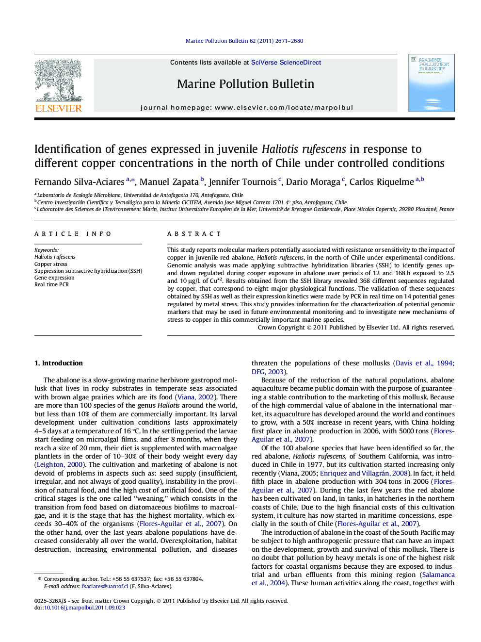 Identification of genes expressed in juvenile Haliotis rufescens in response to different copper concentrations in the north of Chile under controlled conditions