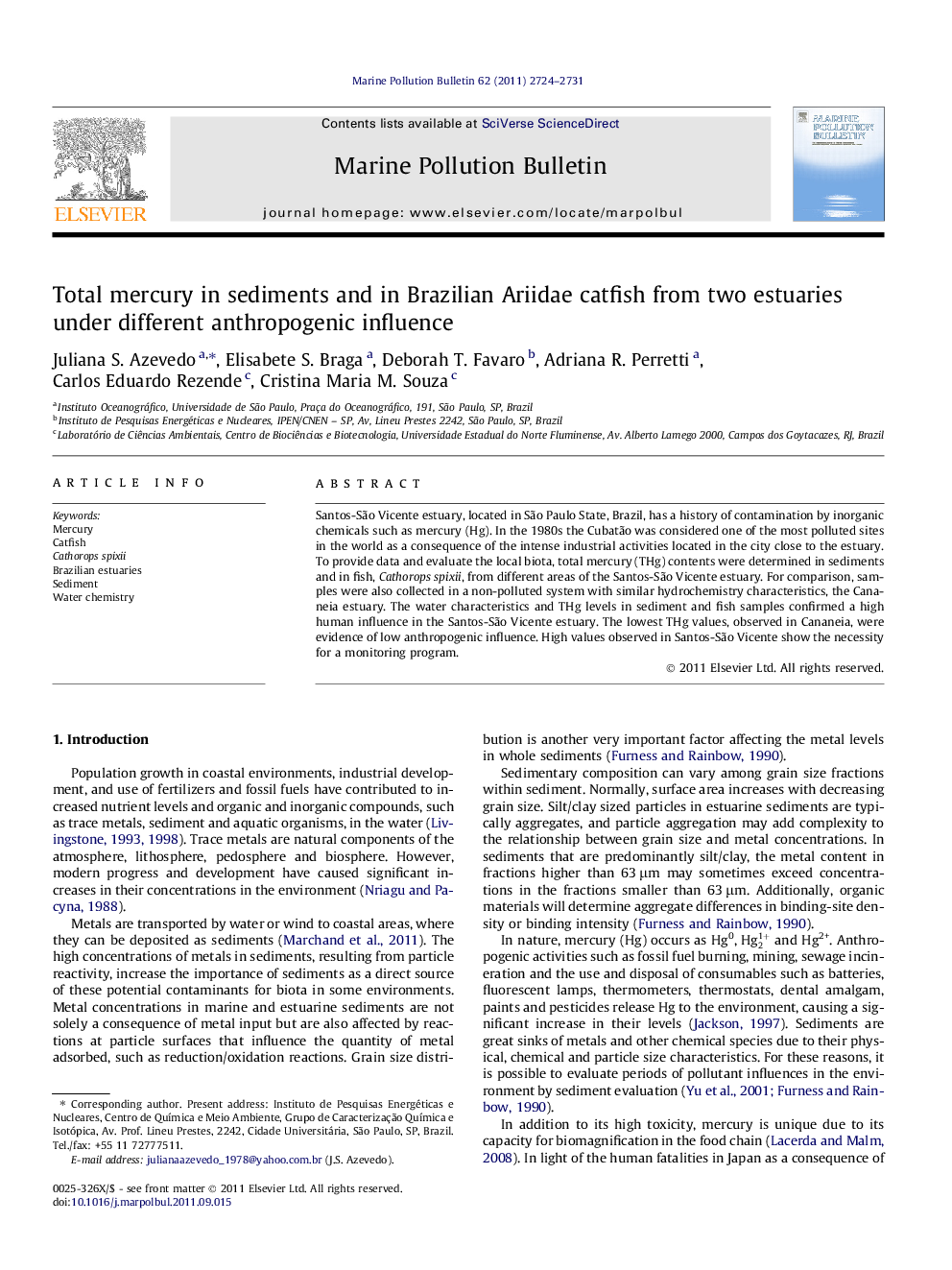 عکس صفحه اول مقاله: Total mercury in sediments and in Brazilian Ariidae catfish from two estuaries under different anthropogenic influence Total mercury in sediments and in Brazilian Ariidae catfish from two estuaries under different anthropogenic influence