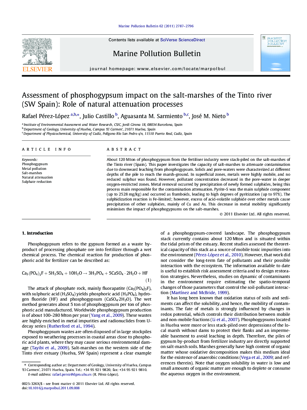 Assessment of phosphogypsum impact on the salt-marshes of the Tinto river (SW Spain): Role of natural attenuation processes