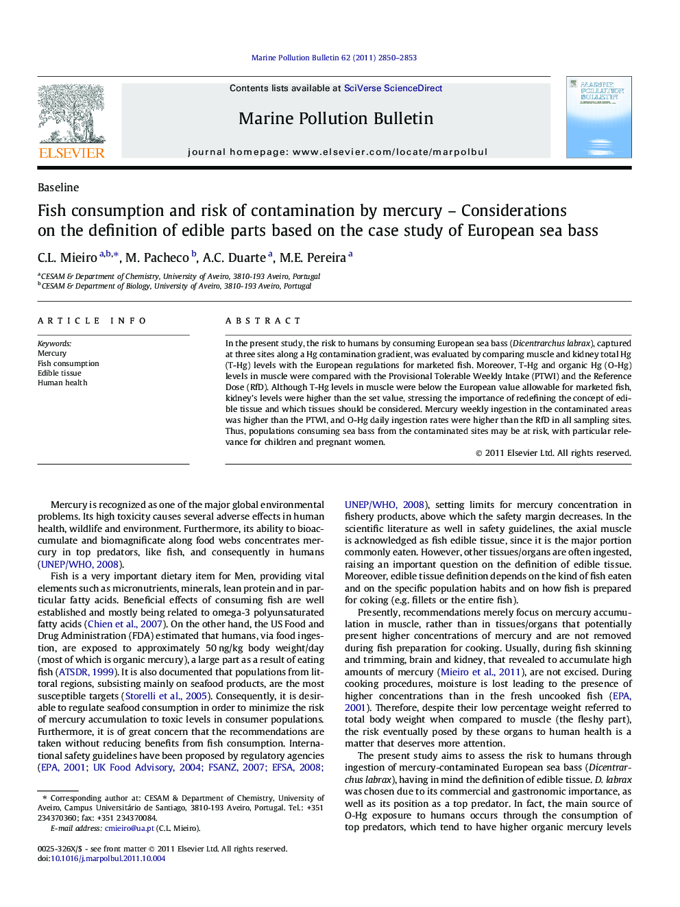 Fish consumption and risk of contamination by mercury - Considerations on the definition of edible parts based on the case study of European sea bass