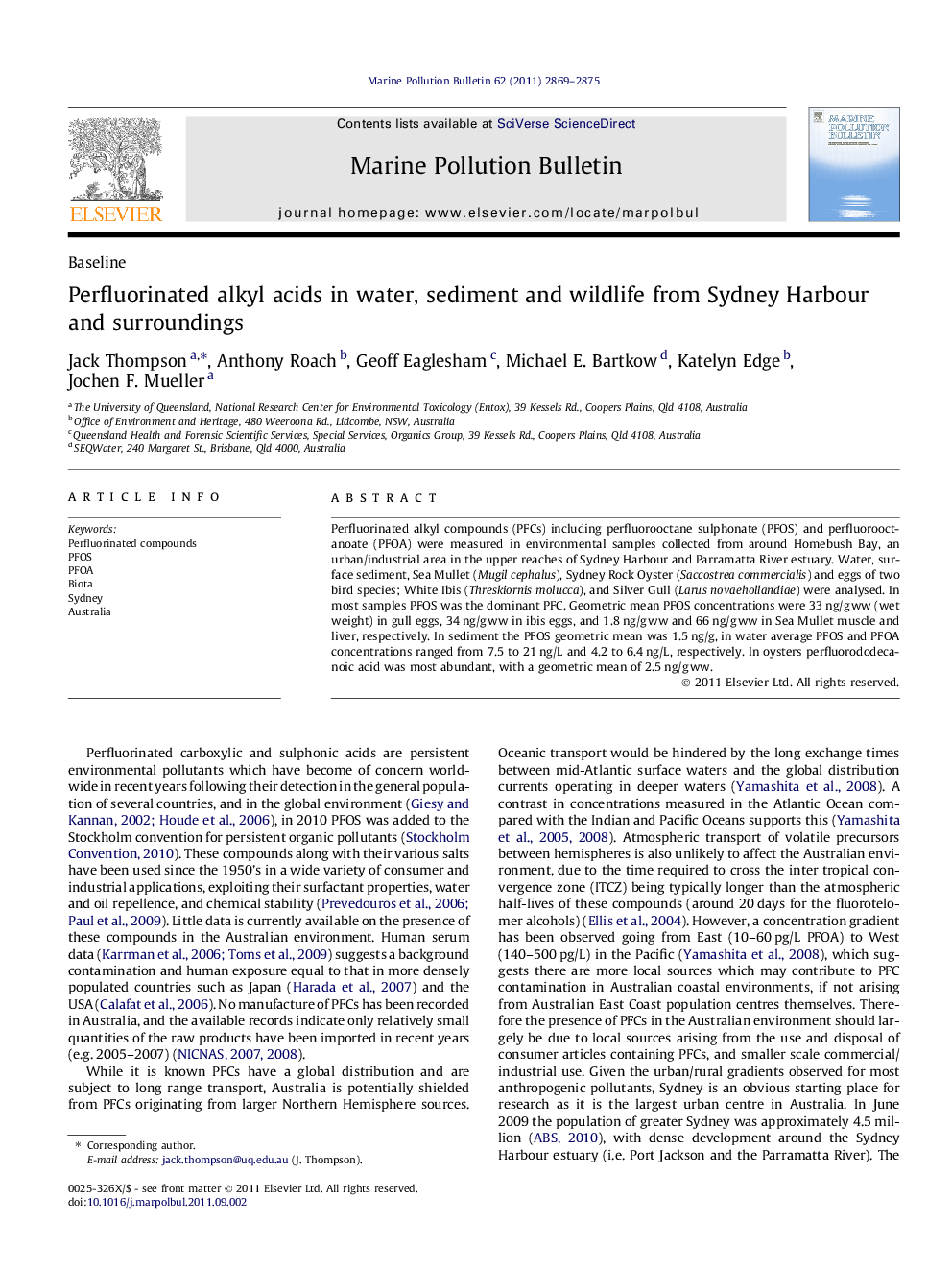 BaselinePerfluorinated alkyl acids in water, sediment and wildlife from Sydney Harbour and surroundings