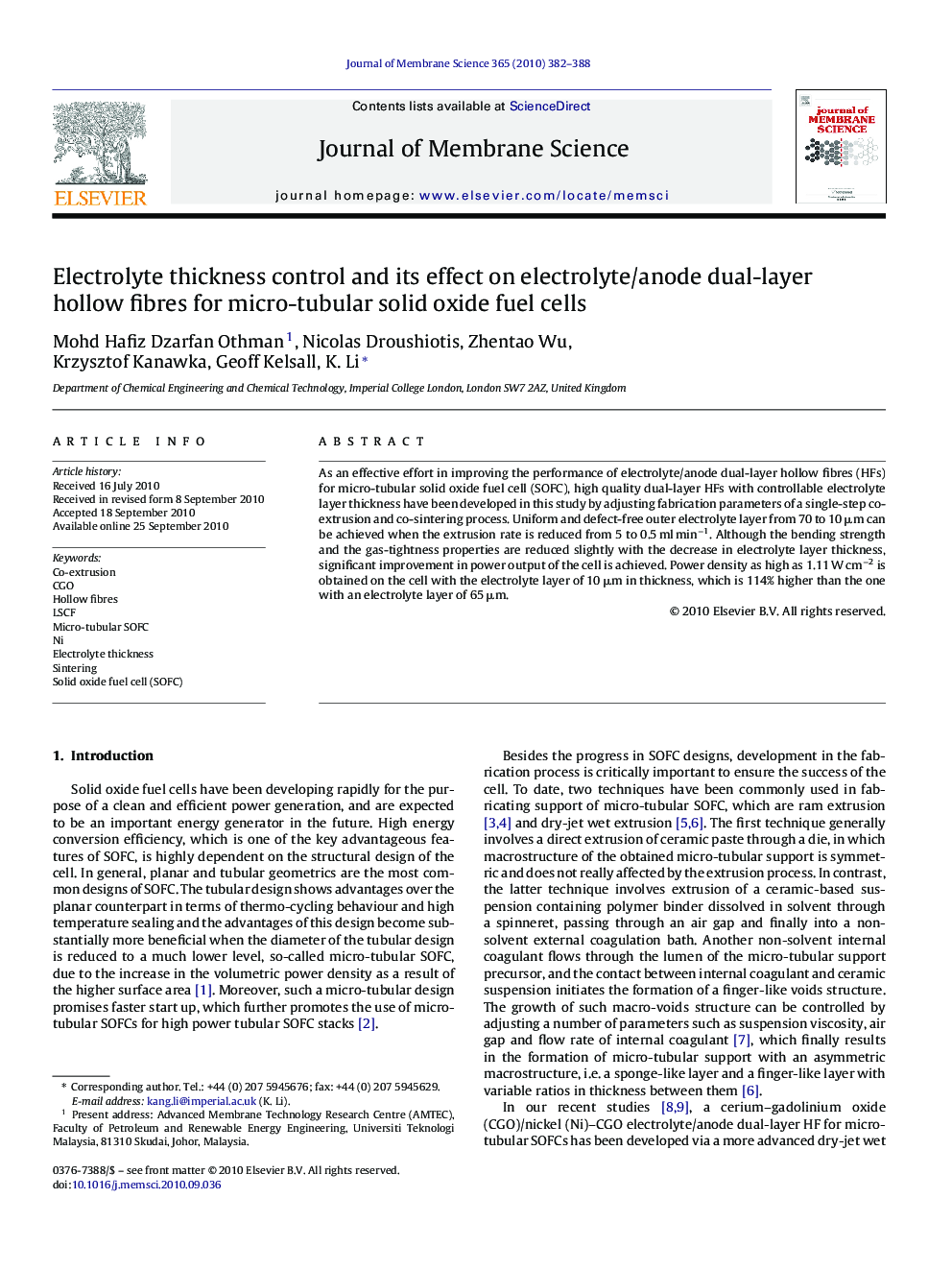 Electrolyte thickness control and its effect on electrolyte/anode dual-layer hollow fibres for micro-tubular solid oxide fuel cells