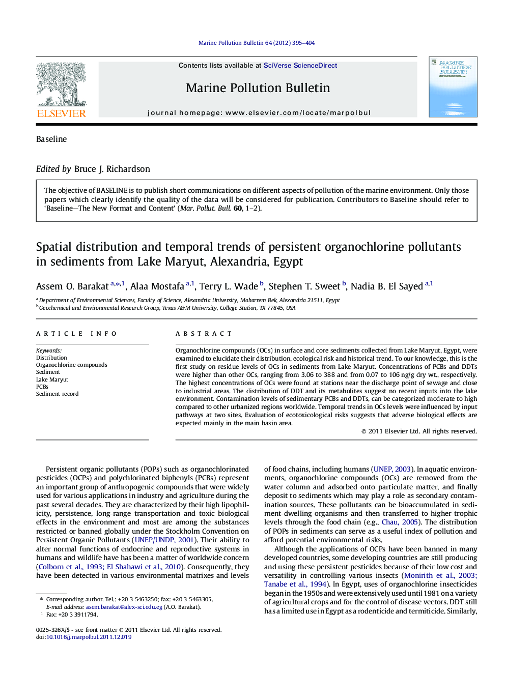 Spatial distribution and temporal trends of persistent organochlorine pollutants in sediments from Lake Maryut, Alexandria, Egypt