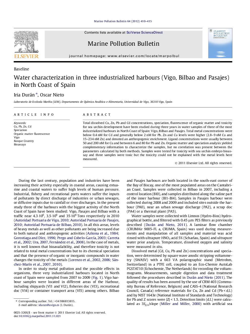 Water characterization in three industrialized harbours (Vigo, Bilbao and Pasajes) in North Coast of Spain