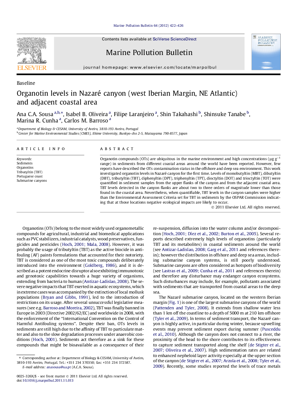 Organotin levels in Nazaré canyon (west Iberian Margin, NE Atlantic) and adjacent coastal area