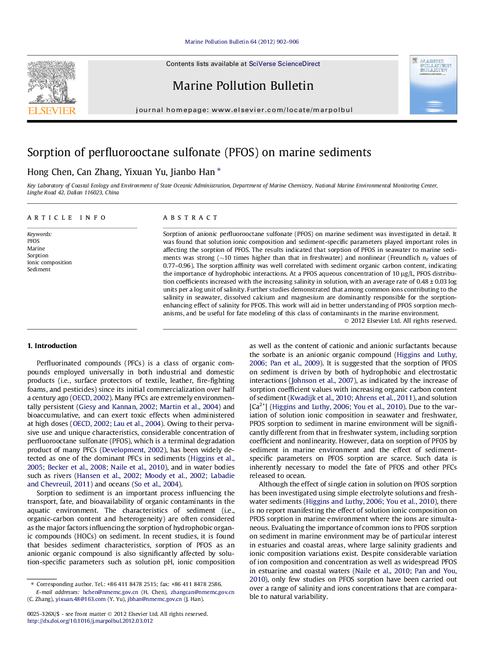 Sorption of perfluorooctane sulfonate (PFOS) on marine sediments