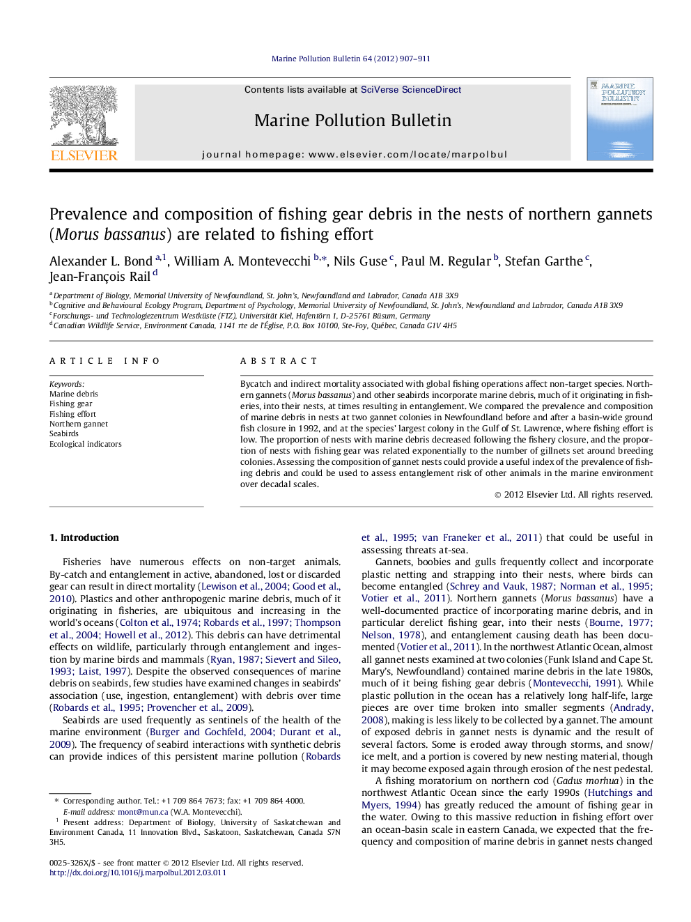 Prevalence and composition of fishing gear debris in the nests of northern gannets (Morus bassanus) are related to fishing effort