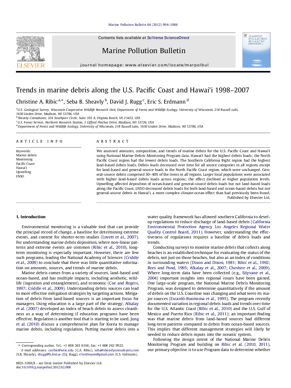 عکس صفحه اول مقاله: Trends in marine debris along the U.S. Pacific Coast and Hawai'i 1998-2007 Trends in marine debris along the U.S. Pacific Coast and Hawai'i 1998-2007