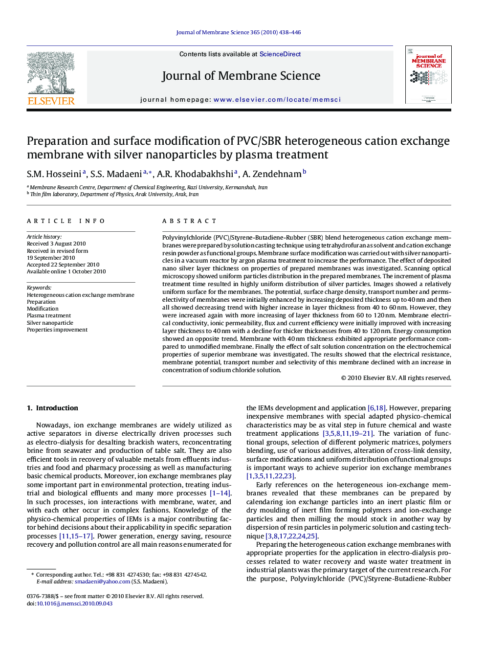 Preparation and surface modification of PVC/SBR heterogeneous cation exchange membrane with silver nanoparticles by plasma treatment