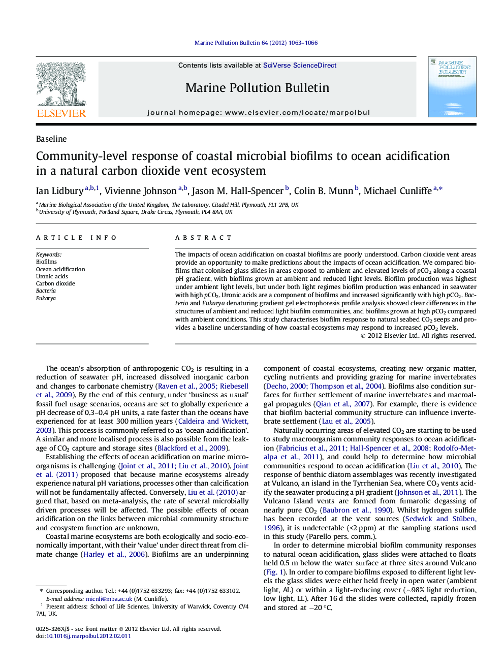عکس صفحه اول مقاله: Community-level response of coastal microbial biofilms to ocean acidification in a natural carbon dioxide vent ecosystem Community-level response of coastal microbial biofilms to ocean acidification in a natural carbon dioxide vent ecosystem