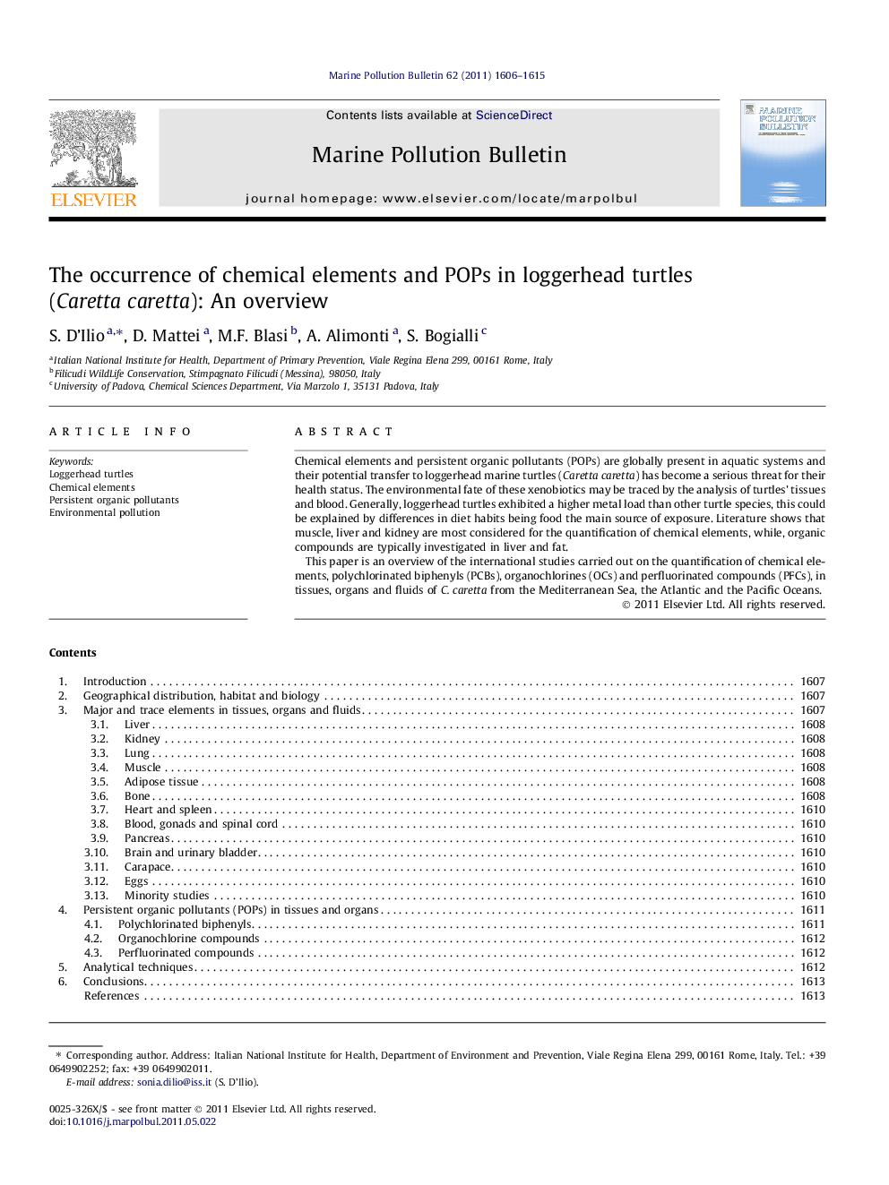 The occurrence of chemical elements and POPs in loggerhead turtles (Caretta caretta): An overview