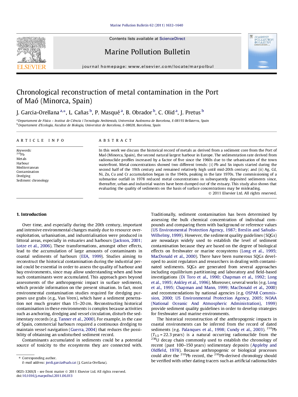 Chronological reconstruction of metal contamination in the Port of Maó (Minorca, Spain)