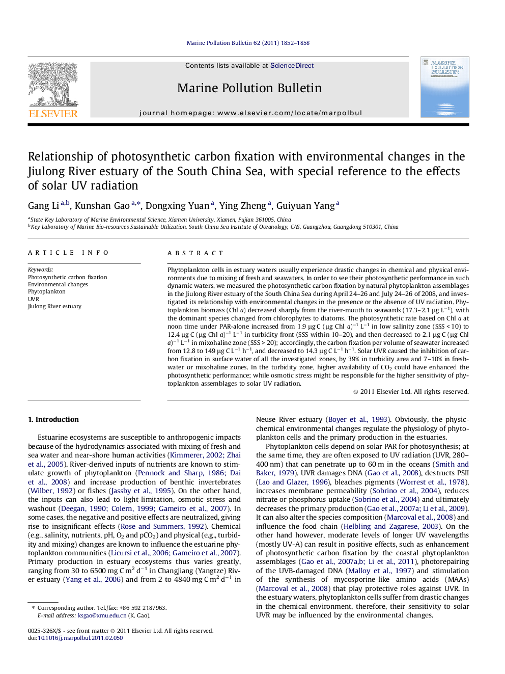 Relationship of photosynthetic carbon fixation with environmental changes in the Jiulong River estuary of the South China Sea, with special reference to the effects of solar UV radiation