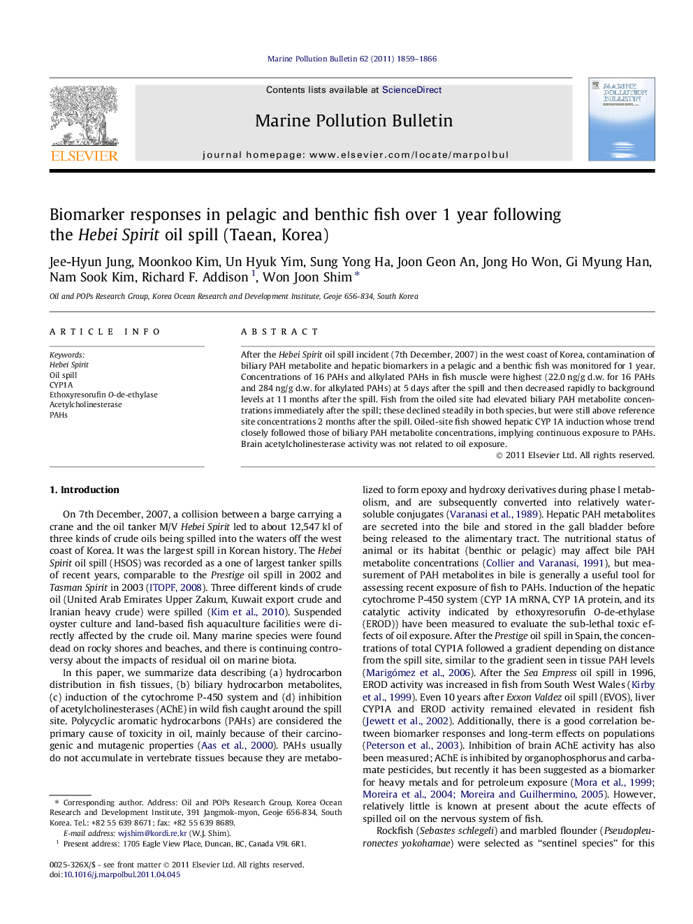 Biomarker responses in pelagic and benthic fish over 1 year following the Hebei Spirit oil spill (Taean, Korea)