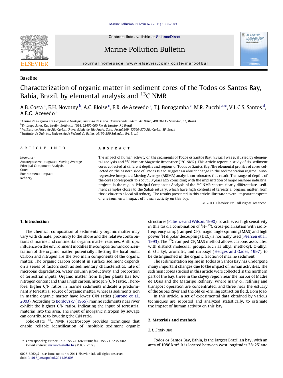 Characterization of organic matter in sediment cores of the Todos os Santos Bay, Bahia, Brazil, by elemental analysis and 13C NMR