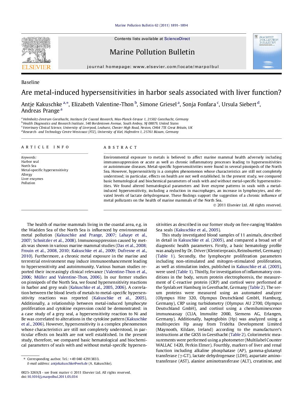 Are metal-induced hypersensitivities in harbor seals associated with liver function?